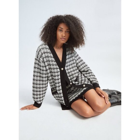 BABATON Lacer Tweed Cardigan Wool Sweater Pearl Buttons Black White XXS Aritzia - Picture 2 of 14